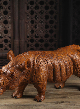 泰国实木雕刻犀牛摆件工艺品办公室家居动物装饰品客厅摆风水摆设