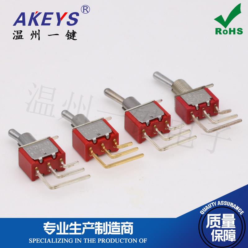 侧面钮子开关 MTS-102-C4 3脚二档弯脚镀金摇臂 开孔6M侧插钮子