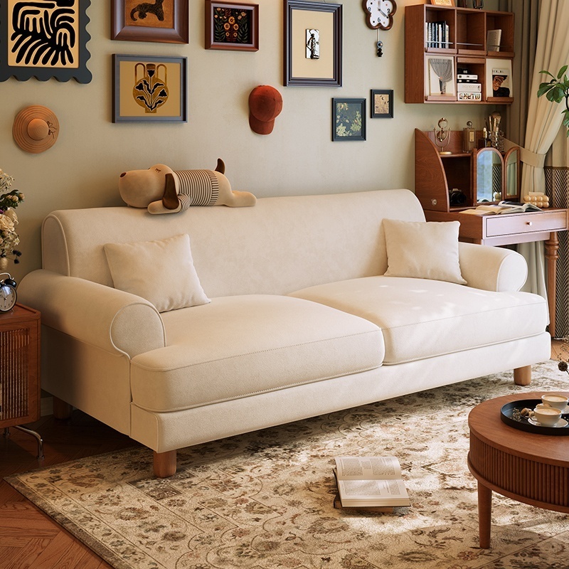 法式奶油风棉麻布艺沙发实木直排沙发2025