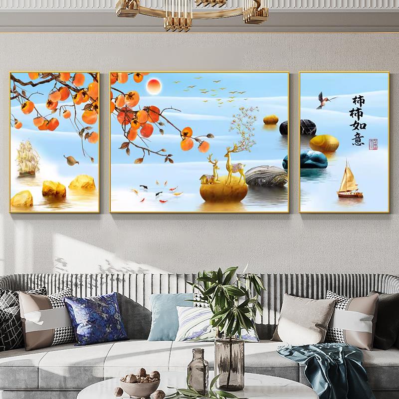 2025新款麋鹿三联钻石画柿柿如意风景手工贴十字绣满钻砖石绣客厅