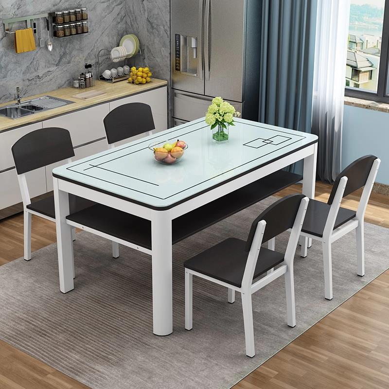 钢化玻璃餐桌椅组合4人6人家用吃饭桌双层长方形桌子小户型小桌子