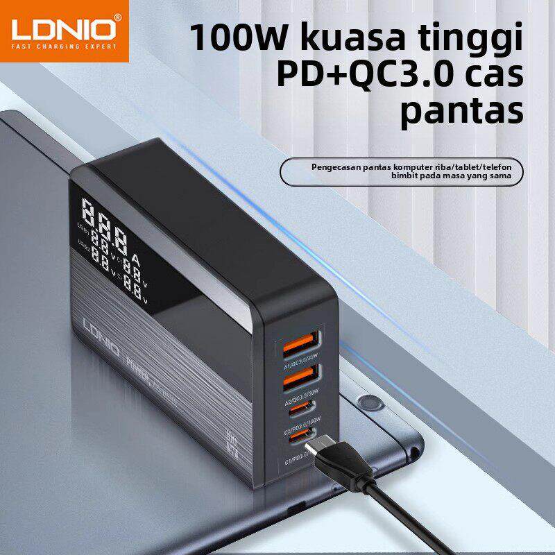 LDNIO大功率100W香港版英规充电器带PD+QC3.0多口手机笔记本英标快充头带显示屏英式充电器港澳地区使用