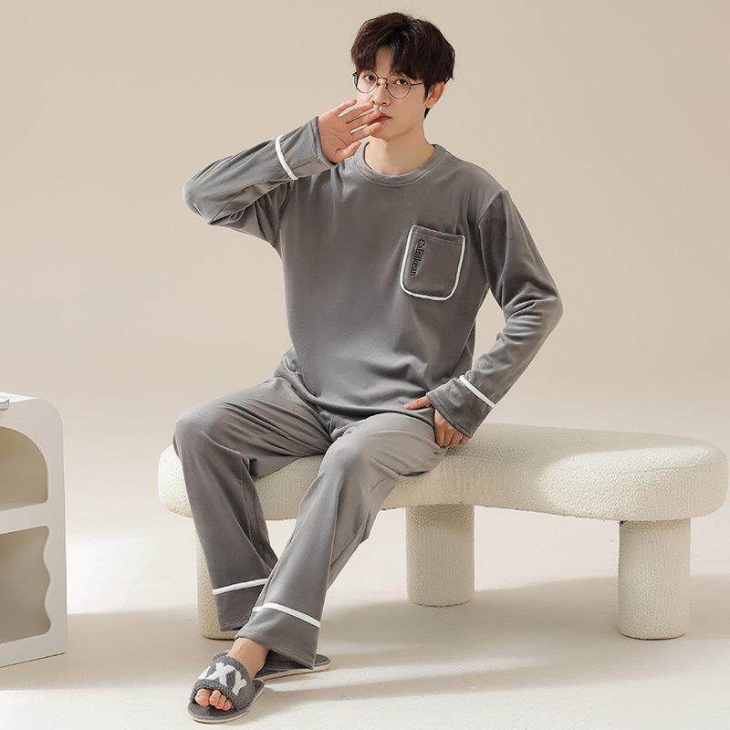 秋冬款海岛绒男士睡衣加绒长袖珊瑚绒双面薄绒圆领家居服春秋套装