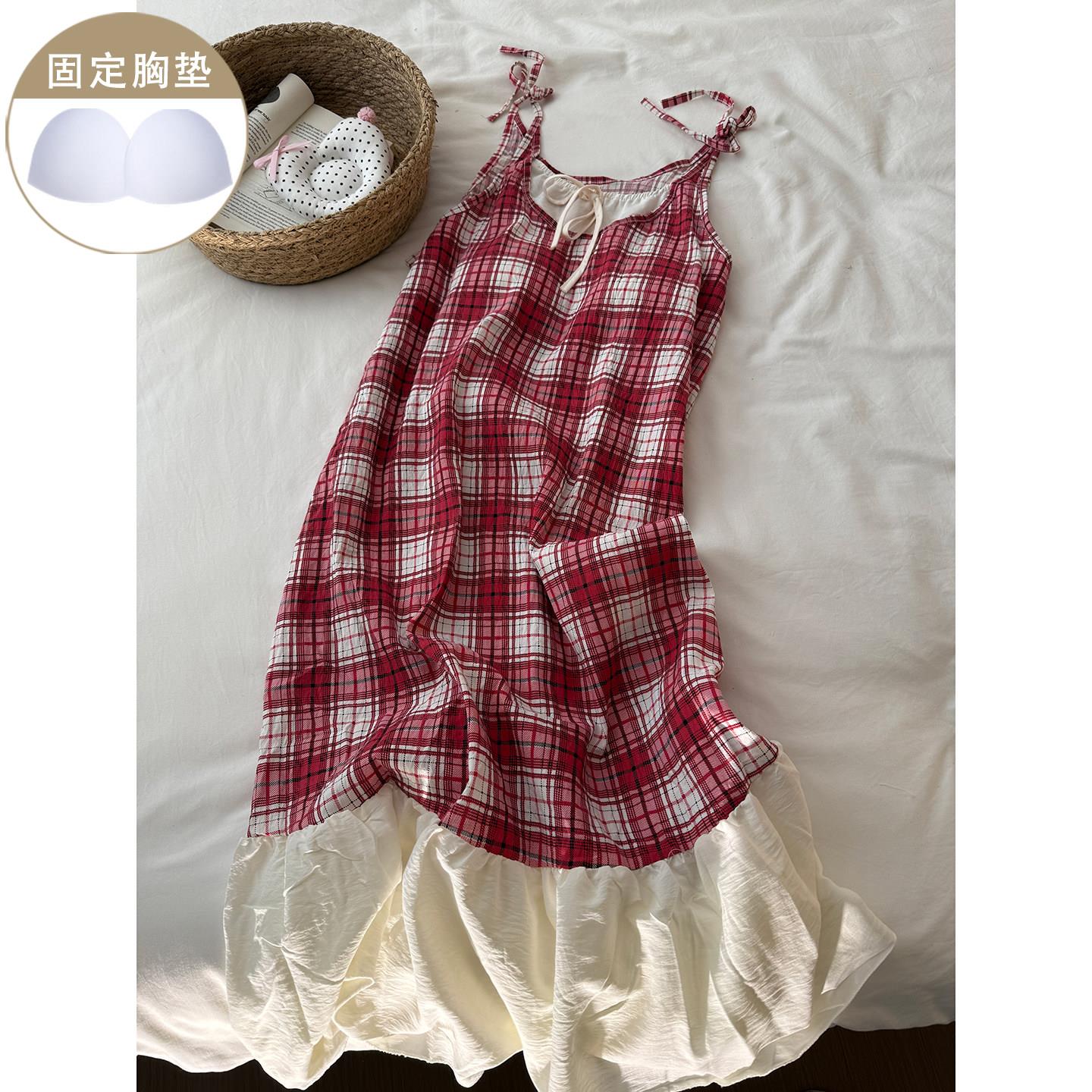 带胸垫吊带睡裙女夏季红色格子蝴蝶结中长款宽松睡衣连衣裙家居服