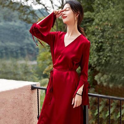 新娘晨袍春秋法式睡袍新款高级感婚礼长款小众丝绸本命年红色睡衣