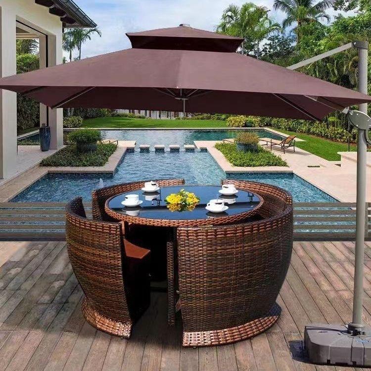 户外庭院桌椅休闲花园露台外摆防晒防水藤椅带伞组合室外藤编桌椅