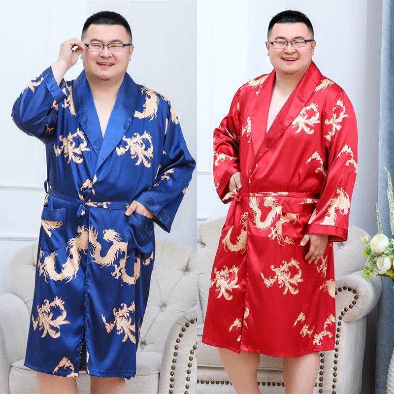 加肥大码浴袍丝绸长袖龙纹睡袍男士高级感冰丝晨袍胖子网红款睡衣
