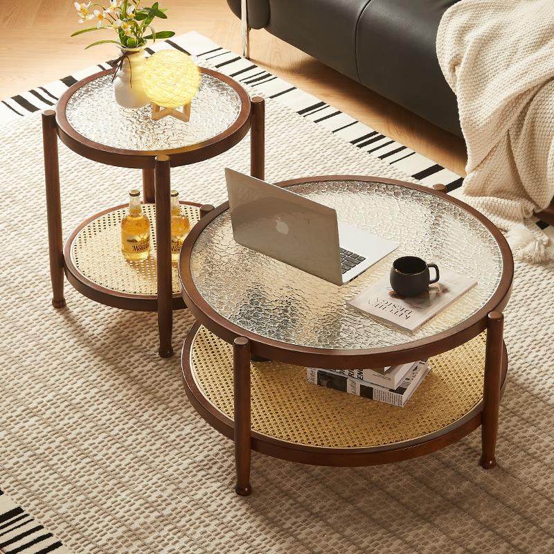 中古实木藤编茶几桌子冰花玻璃双层沙发边几家用客厅大小茶几组合