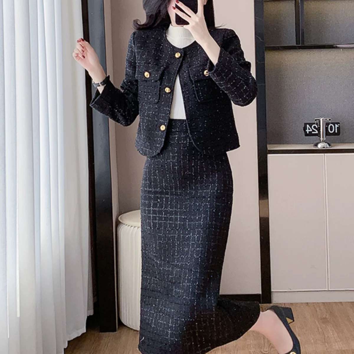 感法式轻奢小香风两件套装裙2025秋冬新款粗花呢外套半身裙女