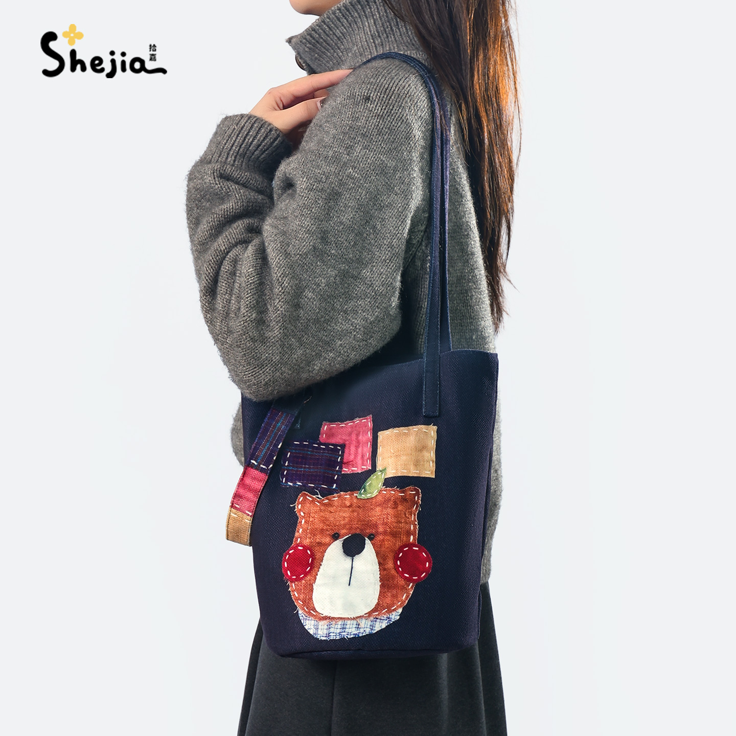 拾嘉刺绣布艺熊水桶包