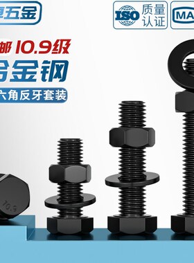 反牙 10.9级反丝外六角螺丝螺母套装左旋反扣螺栓MM8M10M12M14M16