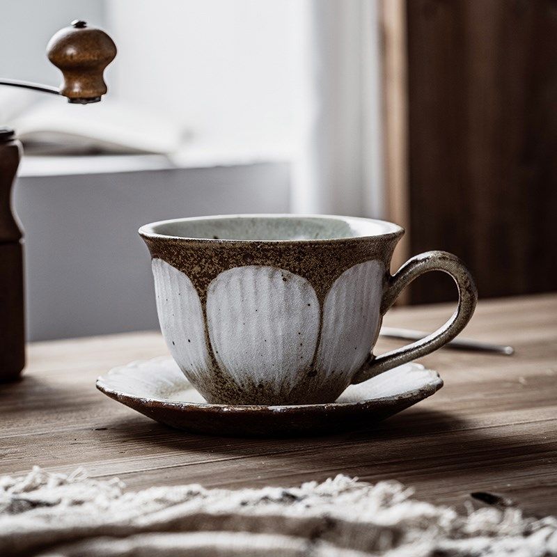 器昔三目屋手工刷花咖啡杯碟日式粗陶拉花拿铁咖啡杯勺带碟水杯子,餐饮具,咖啡杯,淘宝优惠券,粉丝福利购,淘宝优惠卷