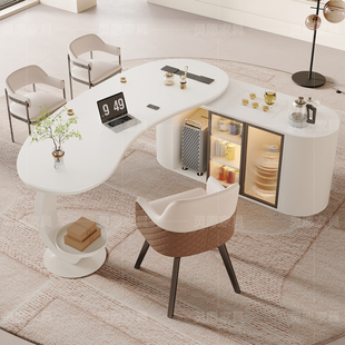 奶油风岩板茶桌椅组合老板办公一体接待泡茶台轻奢现代美容院茶桌