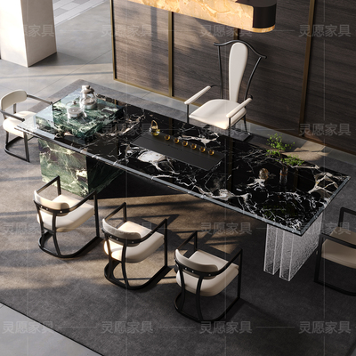 高端黑玫瑰奢石茶台办公一体别墅洽谈接待泡茶桌椅组合轻奢现代风