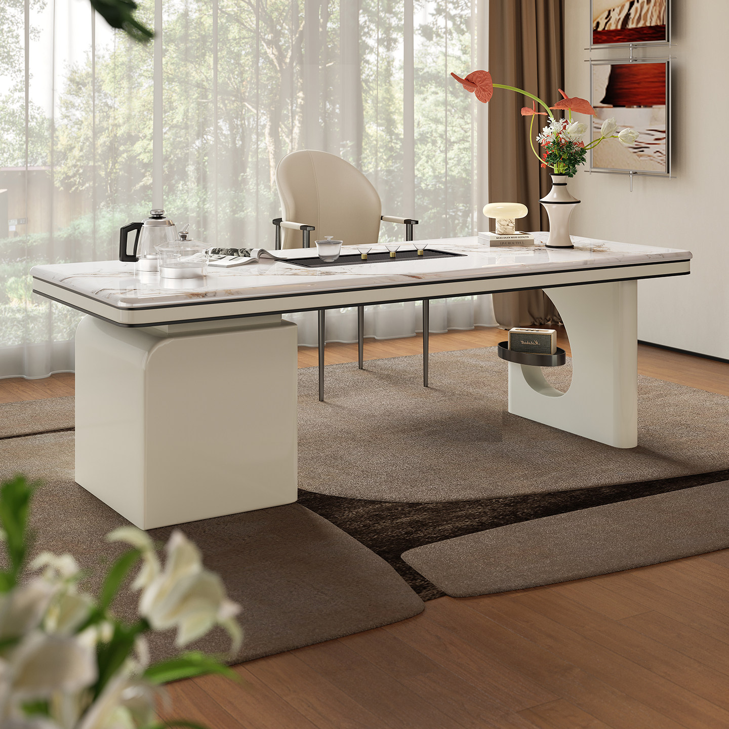 白金纹超晶石茶桌椅组合奶油法式轻奢茶台办公一体洽谈接待泡茶桌