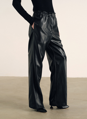 ATELIO·软糯蛋白PU松紧腰褶皱宽松直筒长裤