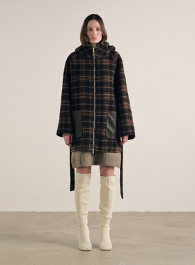 ATELIO·格纹羊毛双面呢连帽双开拉链宽松中长大衣