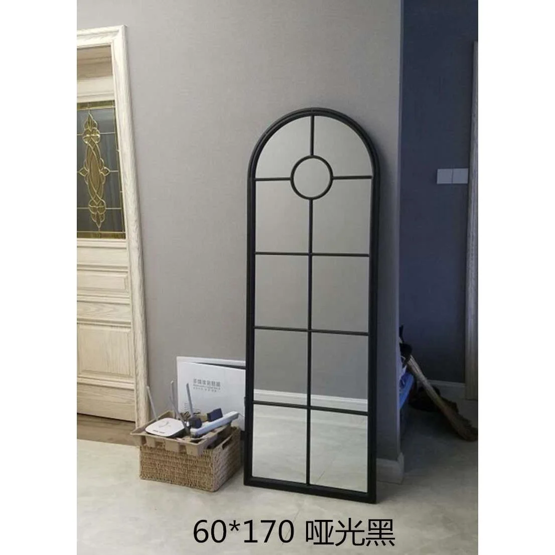 美式复古做旧铁艺壁挂镜框落地试衣全身镜镜穿衣镜玄关窗户装饰镜