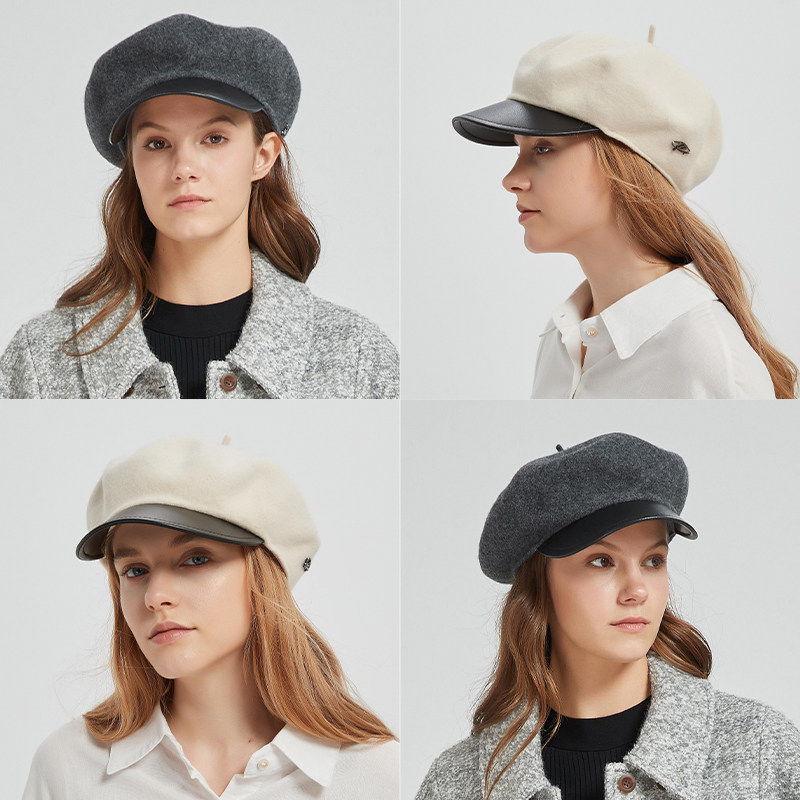 Petit Bari设计感皮质帽檐羊毛贝雷帽 百搭气质复古
