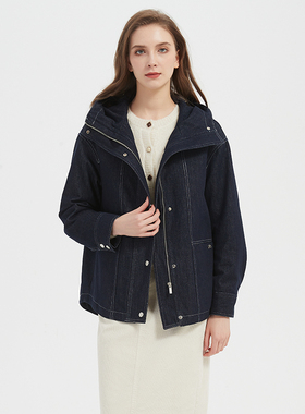 Petit Bari女士明线牛仔连帽风衣外套女绒软紧实显瘦百搭通勤上衣