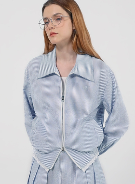 Petit Bari女士肌理感蓝白条纹刺绣夹克外套女 纯棉显瘦时尚上衣