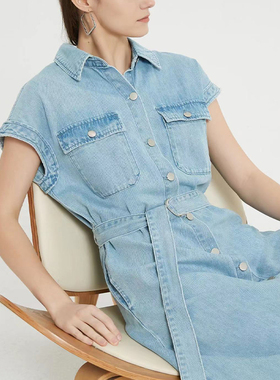 Petit Bari女士气质通勤飞袖牛仔连衣裙 中长款牛仔裙