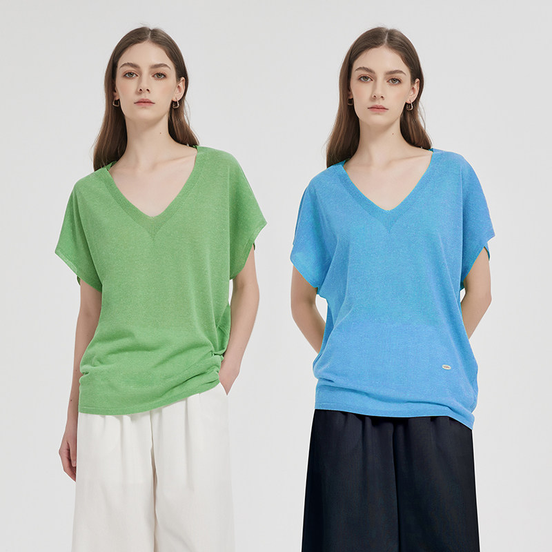 慵懒松弛V领莱赛尔亚麻上衣