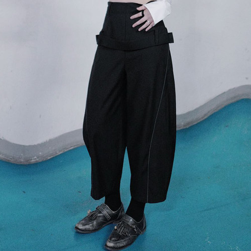 趣味腰带高腰裤包边拼接