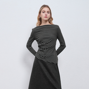 上衣女 Petit 长袖 不对称捏褶一字肩条纹修身 秋冬 Bari