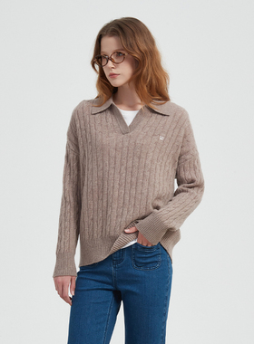 Petit Bari老钱风绞花POLO领宽松羊毛衫女 绵羊毛柔软新肤针织衫