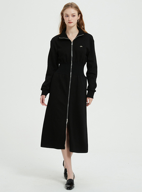 Petit Bari棉弹卫衣连衣裙女 立领收腰透气休闲显瘦中长款连衣裙