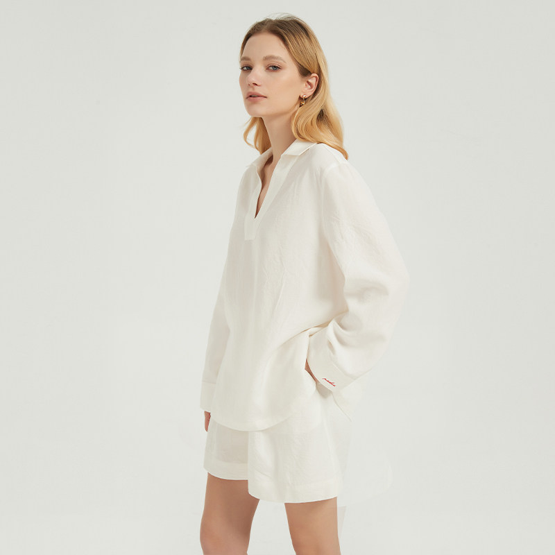 Petit Bari女士高阶实穿亚麻V领轻薄衬衫 面料舒适 休闲