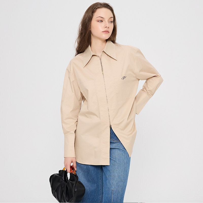 Petit Bari春夏刺绣拉链宽松长袖衬衫女纯棉透气显瘦百搭气质上衣