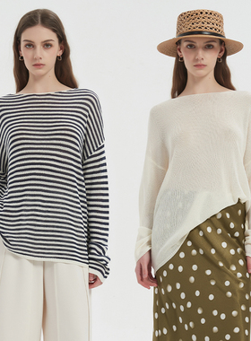 Petit Bari女士慵懒薄款莱赛尔亚麻长袖针织罩衫 镂空松弛套头