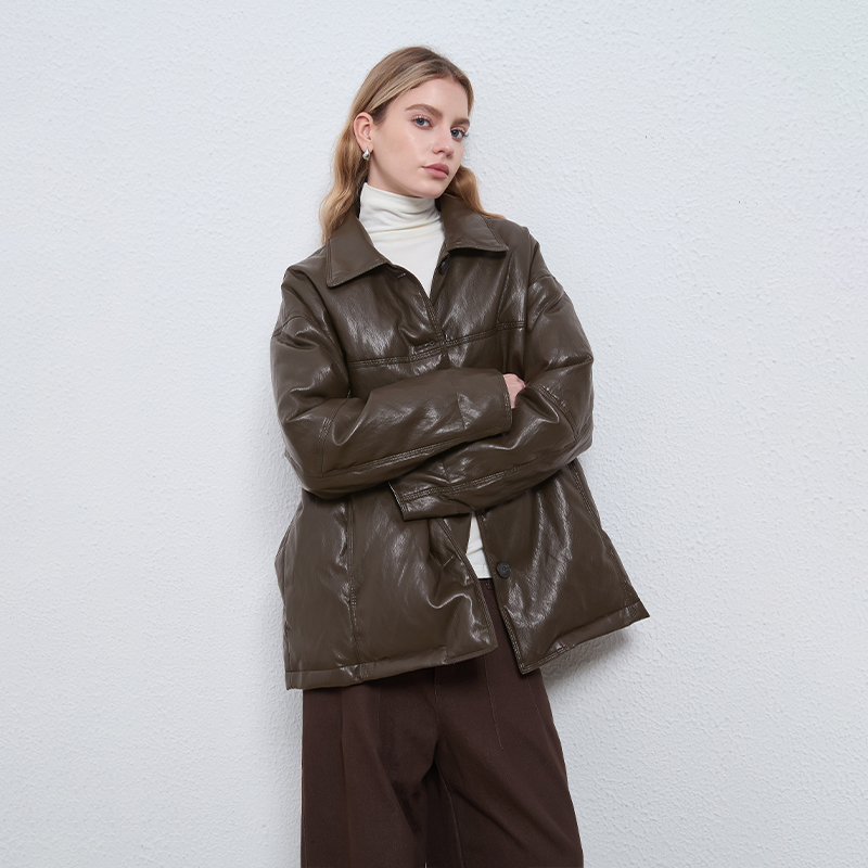 复古翻领中长款羽绒皮衣外套