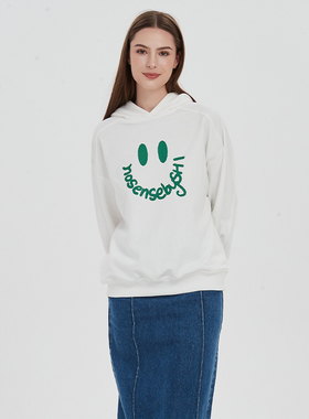 Petit Bari笑脸印花连帽卫衣女 纯棉宽松百搭休闲上衣潮 春夏