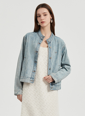 Petit Bari女简约立领浅蓝牛仔外套 短款复古水洗 日常穿搭牛仔