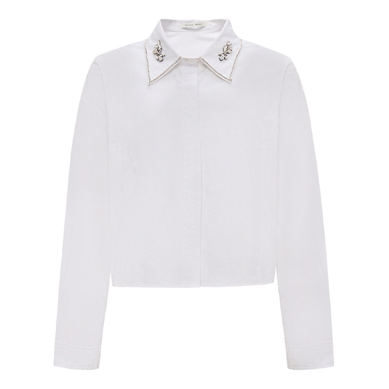 Petit Bari简约静奢短款钻饰长袖衬衫女 版型利落 镶钻领