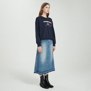 显瘦好搭配 大摆蓝色纯棉裙 Petit Bari水洗A字牛仔半身长裙女