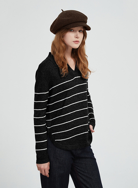 Petit Bari时尚翻领条纹针织衫上衣女 秋冬慵懒风 可机洗绵羊毛衫