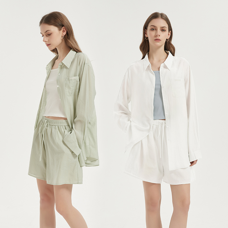 Petit Bari 随性慵懒轻薄防晒长袖衬衫+短裤套装