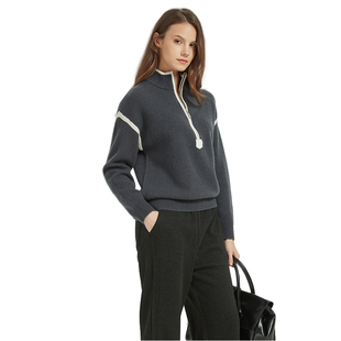 秋冬保暖 女士撞色高领 Petit Bari宽松羊毛半开领撞色针织女衫