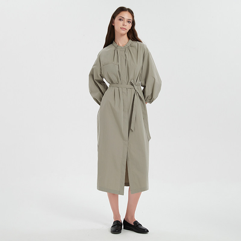 Petit Bari卡其色立领连衣裙女新款灯笼袖系带收腰 简约气
