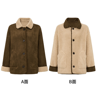 Petit 宽松保暖秋冬夹克 Bari复古翻领撞色翻毛羊羔绒两穿外套女