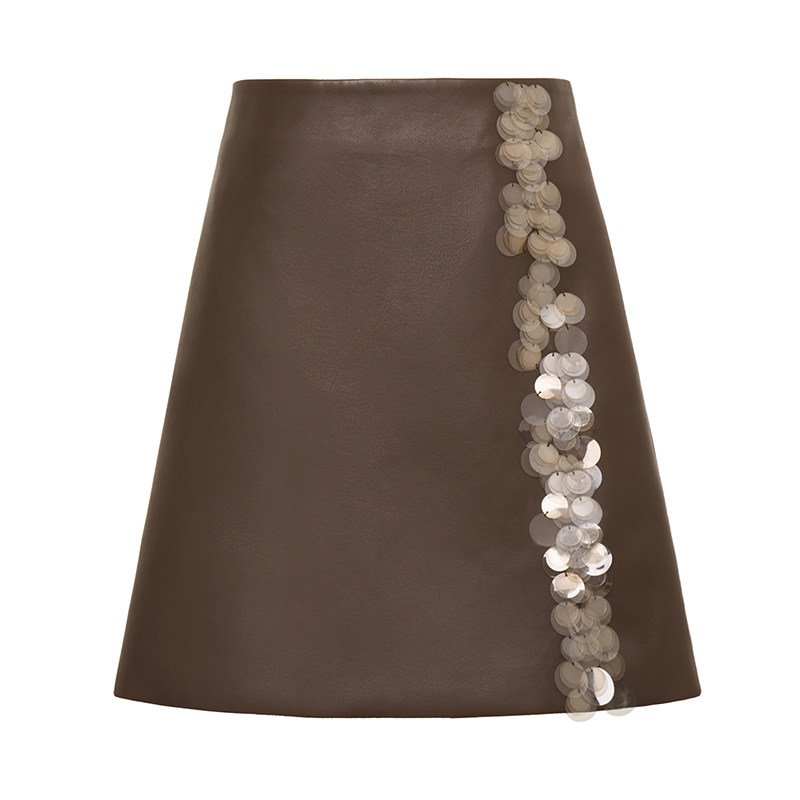 Petit Bari春夏重工立体珠片PU皮裙女 时髦A字显瘦半身