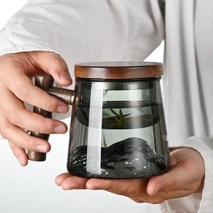 玻璃观山杯 透黑玻璃侧木把泡茶喝水杯带盖茶水分离三件杯家用新款
