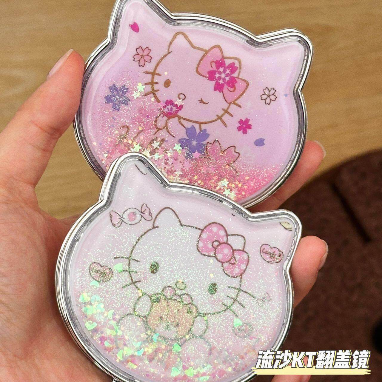 小猫流沙小镜子便携迷你流沙双面镜随身带折叠手持美妆镜