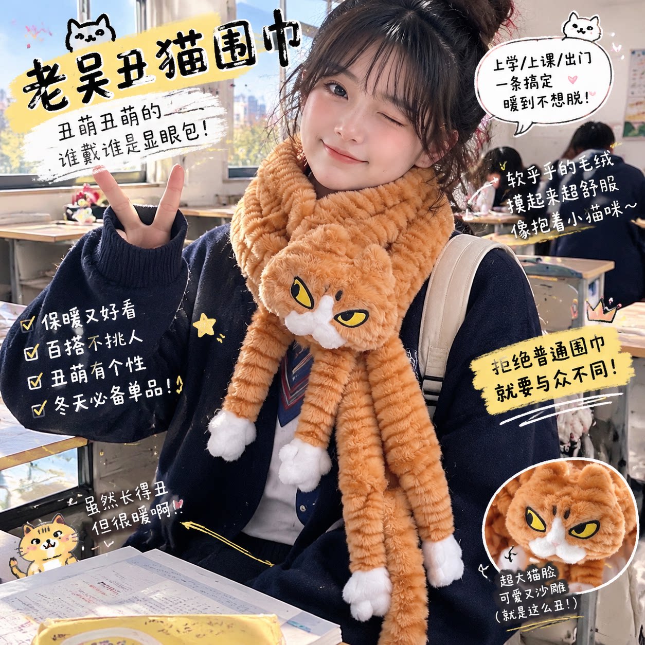 超长长长猫！丑萌老吴丑猫围巾秋冬加厚保暖围脖学生抽象搞笑围巾