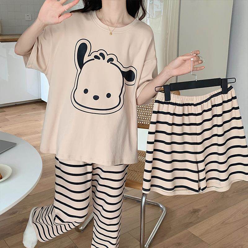 泰国东南亚可爱休闲条纹睡衣女夏季新款三件套帕恰狗家居服套装