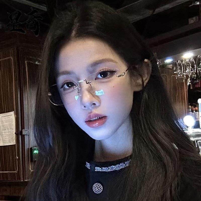 金丝无框眼镜近视女复古金属素颜无边框纯欲防蓝无度数平光镜